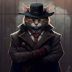 image of a cat character in anime style, dressed in gangster clothing and making a menacing face, representing the idea of a powerful and intimidating cat (AI)