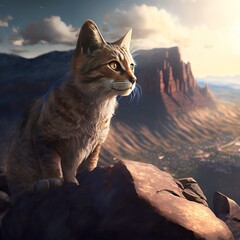 close-up of a cat's face, with a determined expression, standing on top of a mountain peak (AI)