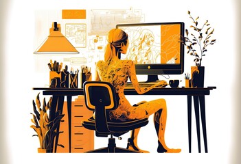 vector illustration of a stylized or abstract figure sitting at a desk with a computer, representing the concept of remote work and freelancing (AI)
