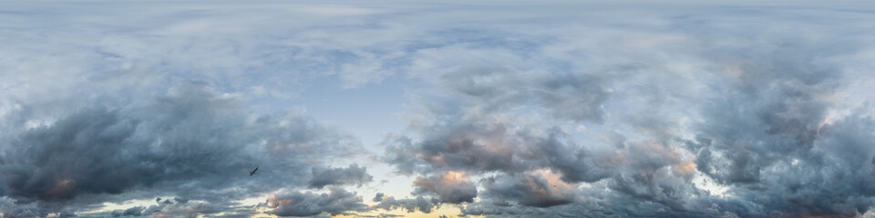 Overcast sky panorama on rainy day with Nimbostratus clouds in seamless spherical equirectangular format. Full zenith for use in 3D graphics, game and for aerial drone 360 degree panorama as sky dome.