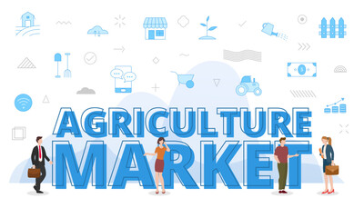 shop agriculture concept with big words and people surrounded by related icon with blue color style
