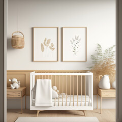 Bright minimalist boho nursery wall with 2 frames above crib, AI assisted finalized in Photoshop by me 