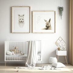 Bright minimalist boho nursery wall with 2 frames above crib, AI assisted finalized in Photoshop by me  - obrazy, fototapety, plakaty