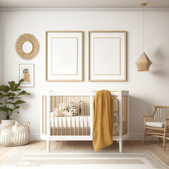 Bright minimalist boho nursery wall with 2 frames above crib, AI assisted finalized in Photoshop by me  - obrazy, fototapety, plakaty