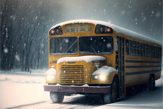 Snow Storm with a Chrome Yellow School Bus driving after dark created with generative AI