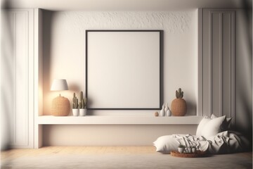 Fototapeta na wymiar clean white horizontal mockup in wooden cozy room, boho style, minimalism AI assisted finalized in Photoshop by me 