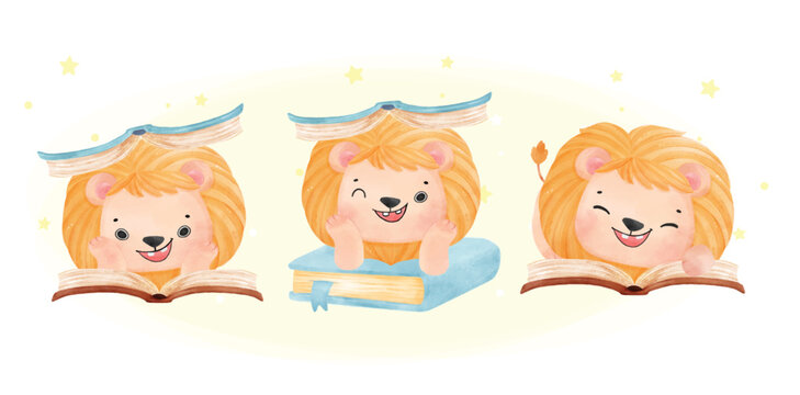 group of three cute watercolor happy kid lion reading book, enjoy reading, cartoon animal watercolor vector