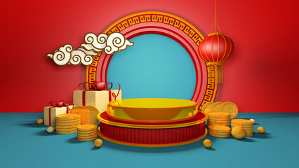 Happy chinese new year for party and podium celebrations with space for message Isolated in background. 3D illustration, 3D rendering