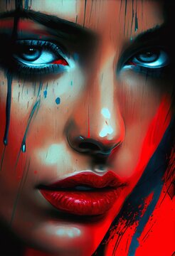 Intense Young Woman With Creative Makeup Red Blue Splatter Piercing Blue Eyes, Generative Ai