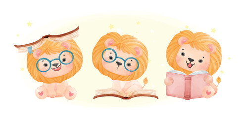 group of three cute watercolor happy nerd kid lion reading book, enjoy reading, cartoon animal watercolor vector