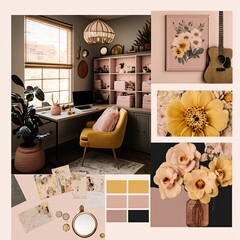 Boho inspired office with muted blush pink and beige florals and pops of golden yellow,  mood board, collage, AI assisted finalized in Photoshop by me 
