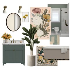 a guest bathroom inspired by cozy vibes and muted boho florals collage art board, AI assisted finalized in Photoshop by me 
