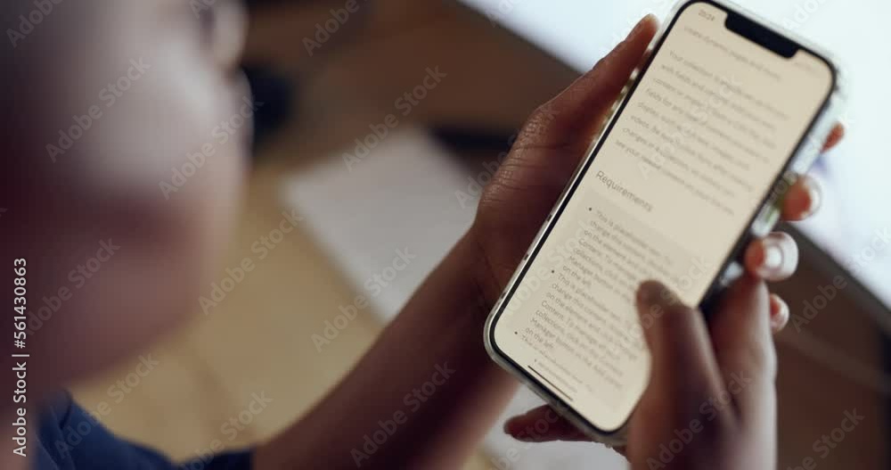 Poster Smartphone, person reading contract and hands scroll with screen zoom and digital legal document with information Technology, communication and employee deal with human resources and mobile phone