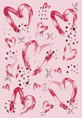 Pink card with hearts. Valentine's day card. Viva Magenta color.  Hearts and abstrakt elements.