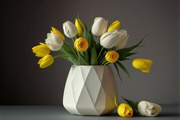  a vase with yellow and white flowers in it on a table next to a gray background with a gray diamond vase with yellow and white flowers in it and a gray background with a gray.