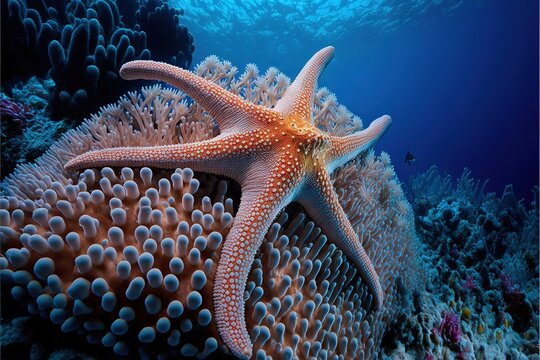  a starfish on a coral reef in the ocean with a blue background and a coral reef in the foreground with a diver in the background and a blue sky with a few clouds. generative ai