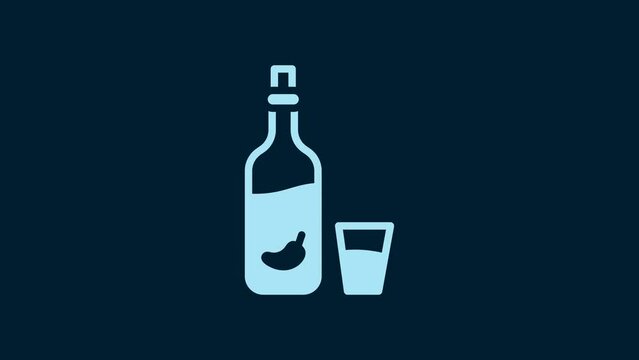 White Vodka with pepper and glass icon isolated on blue background. Ukrainian national alcohol. 4K Video motion graphic animation