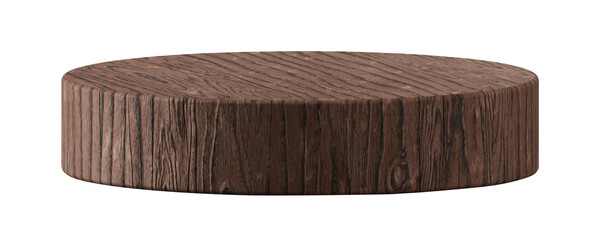 Empty brown wood podium 3d png transparent background of blank advertising desk mockup product display cosmetic stand or abstract wooden pedestal show stage natural platform and round hardwood table.