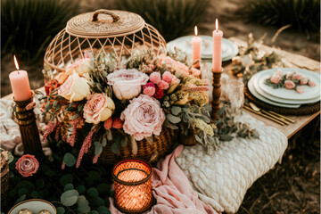 a Valentines day boho picnic with soft blush and warm florals, candles, and rattan, AI assisted finalized in Photoshop by me   © SHArtistry