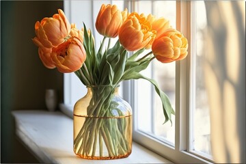  a vase of orange tulips sitting on a window sill next to a window sill with a window sill in the background and a window sill with a window behind it.