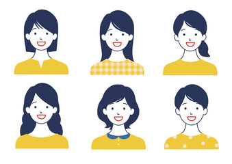 笑顔の女性アイコンセット 髪型色々バリエーション 黄色B