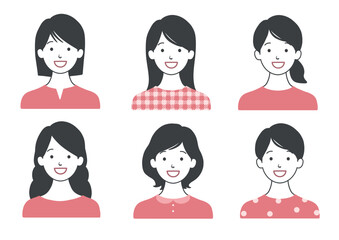 笑顔の女性アイコンセット 髪型色々バリエーション ピンクB