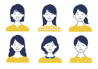 にっこり笑顔の女性アイコンセット ヘアスタイル色々バリエーション 黄色