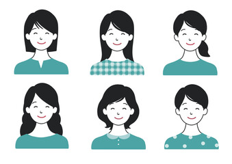 にっこり笑顔の女性アイコンセット ヘアスタイル色々バリエーション 緑