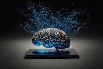 Illustration of a human brain on a laptop as symbol for digital knowledge and research. Generative ai