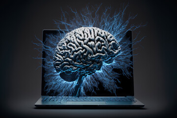 Illustration of a human brain on a laptop as symbol for digital knowledge and research. Generative ai