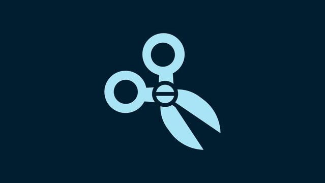 White Scissors icon isolated on blue background. Cutting tool sign. 4K Video motion graphic animation