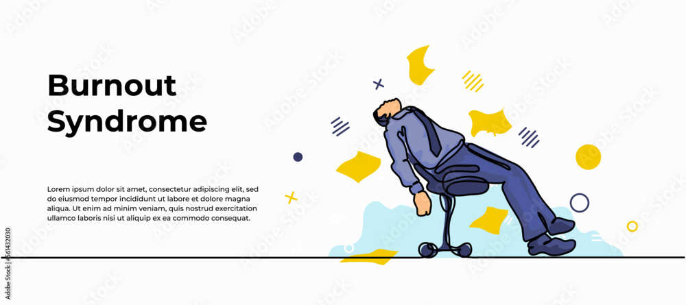 Poster work fatigue web banner. vector illustration of a man falling asleep on a work chair multitasking. m