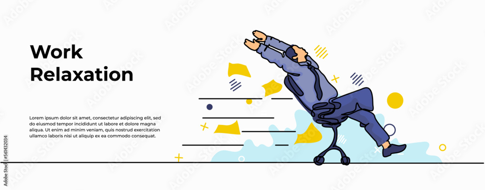 Poster work relaxation web banner. vector illustration of a man sitting happy because work is done faster. 