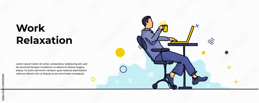Poster work relaxation web banner. vector illustration of a man working while drinking with a cup. modern f