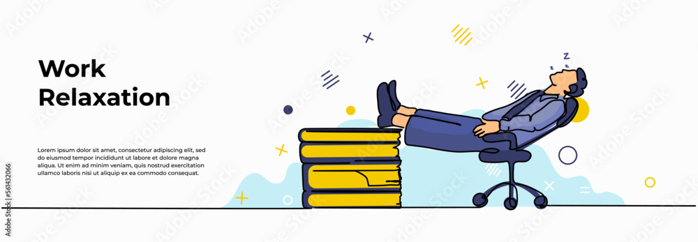 Poster work relaxation web banner. vector illustration of a man sleeping on a work chair. modern flat in co