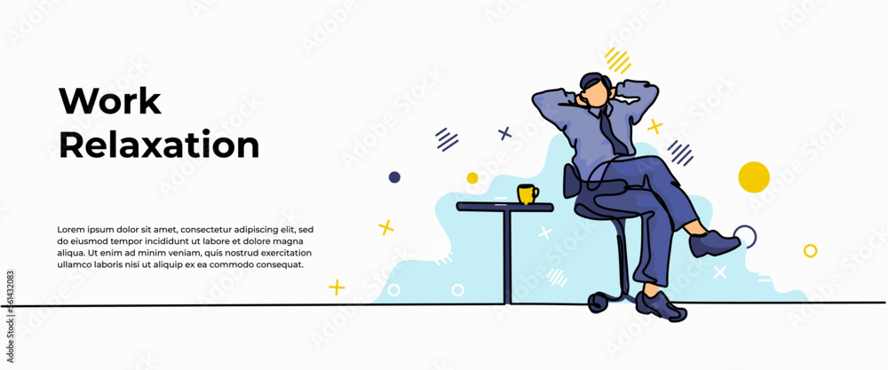Poster work relaxation web banner. vector illustration of a man sitting relaxed with a cup of tea. modern f