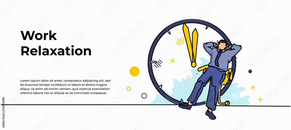 Poster break time web banner. vector illustration of a man sitting relaxing beside a clock. modern flat in 