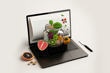 Illustration of a laptop with a glass of fresh fruits on it. On the screen is seen a online recipe. Generative ai