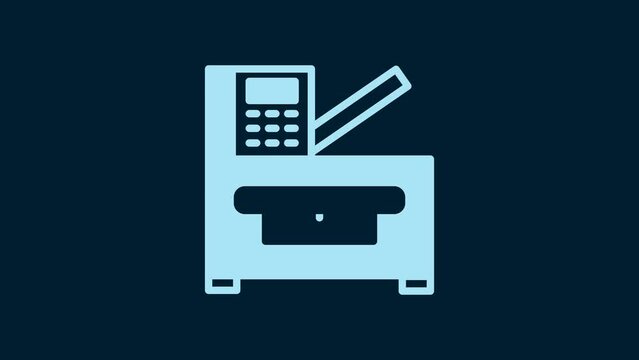 White Office multifunction printer copy machine icon isolated on blue background. 4K Video motion graphic animation