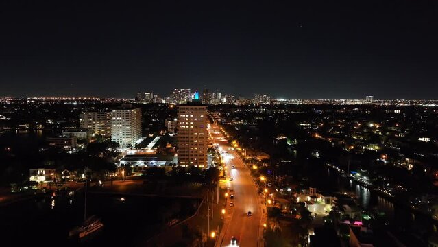 Night aerial approach Downtown Fort Lauderdale FL Las Olas
