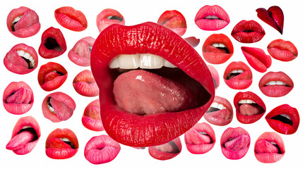 Sexy lips. Lips and mouth. Sexy tongue licking sensual lips. Red lip background. Female lips.
