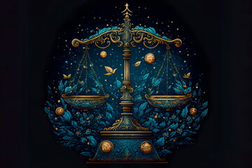 Antique ornate balance scales, Justice and making decision concept.Generative AI