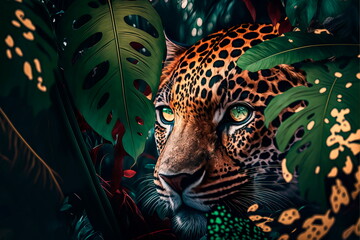 Jaguar watching its prey from the rainforest Generative AI