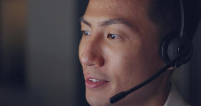 Call Center, Consultant And Man With Face And Contact Us, Phone Call Zoom With Communication And Headset. Telemarketing, Customer Service Or Tech Support, Speaking To Client And Asian Agent Help Desk