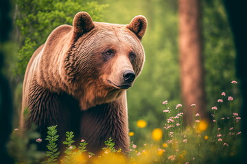 Bear in the forest. Portrait of brown bear.Generative AI