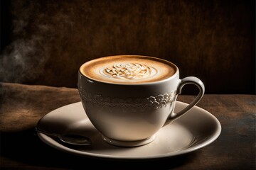  a cup of coffee with steam rising out of it on a saucer with a spoon on a table in front of a dark background with a wooden surface with a black background and white.