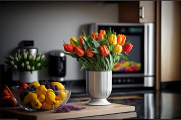  a vase of tulips and lemons on a counter with a bowl of fruit and a microwave in the background in a kitchen area with a microwave and a microwave in the background.