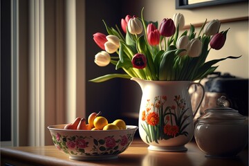  a vase of tulips and a bowl of fruit on a table with a teapot and teapot in the background on a sunny day light day with a window light and a.