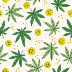 Cannabis leaves and faces. Vector seamless pattern - 561434211