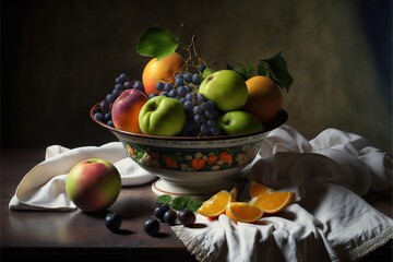 Fototapeta na wymiar a bowl of fruit is sitting on a table with a cloth and a napkin on it, next to a bowl of fruit and a knife, and a napkin, on a cloth,.
